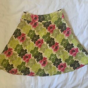 Ann Taylor cream  silk large rose/green floral lined circle skirt EUC